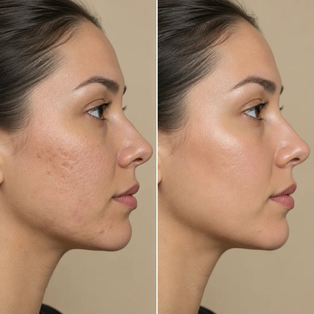 Woman gently touching her dewy glowing cheek in warm light