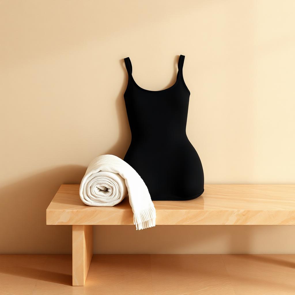 Still life of a black sculpting bodysuit and rolled towel on a warm travertine bench