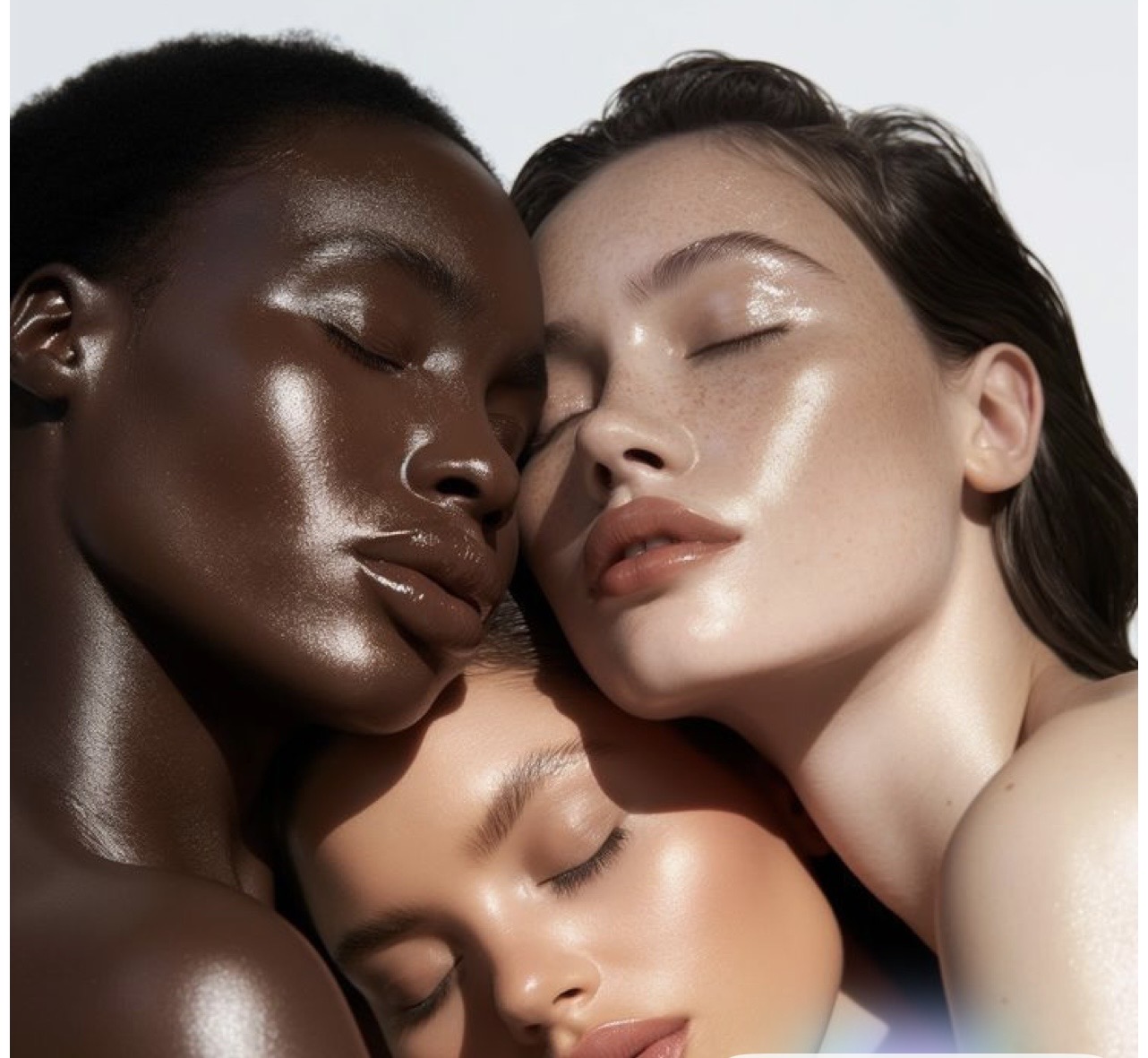 Three women with radiant, healthy-looking skin of different tones