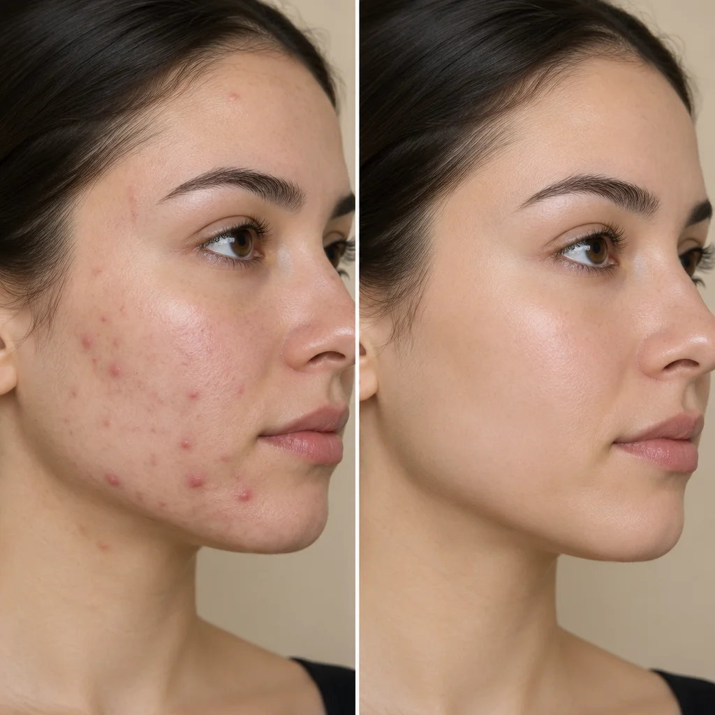 Close-up of calm, healthy facial skin glowing in warm light