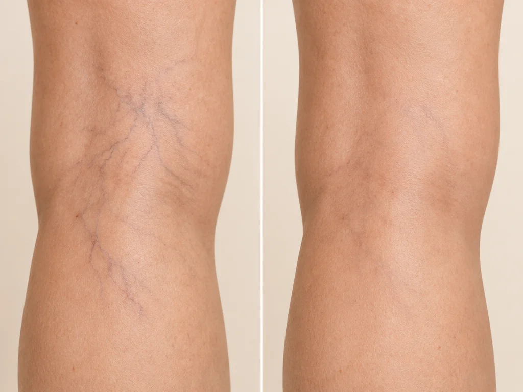 Before and after laser vein treatment showing clearer legs with faded spider veins
