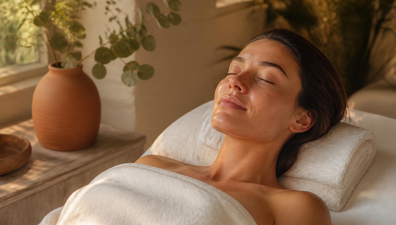 Warm golden hour light in a serene Brooklyn spa treatment room