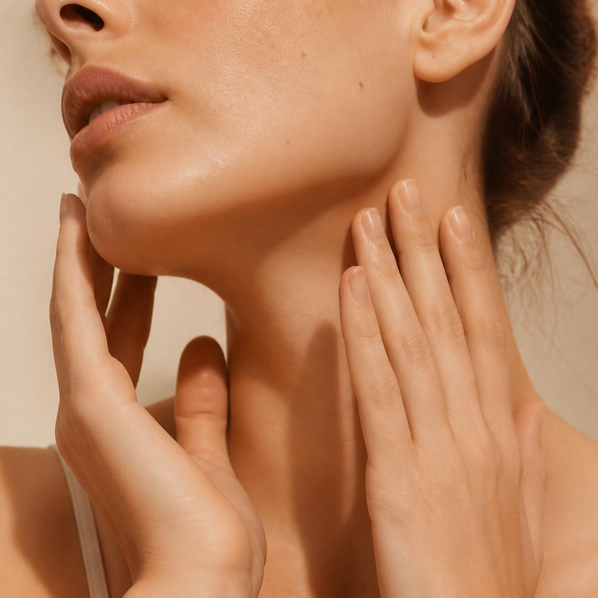 Gentle hands touching a relaxed jawline and neck in warm light