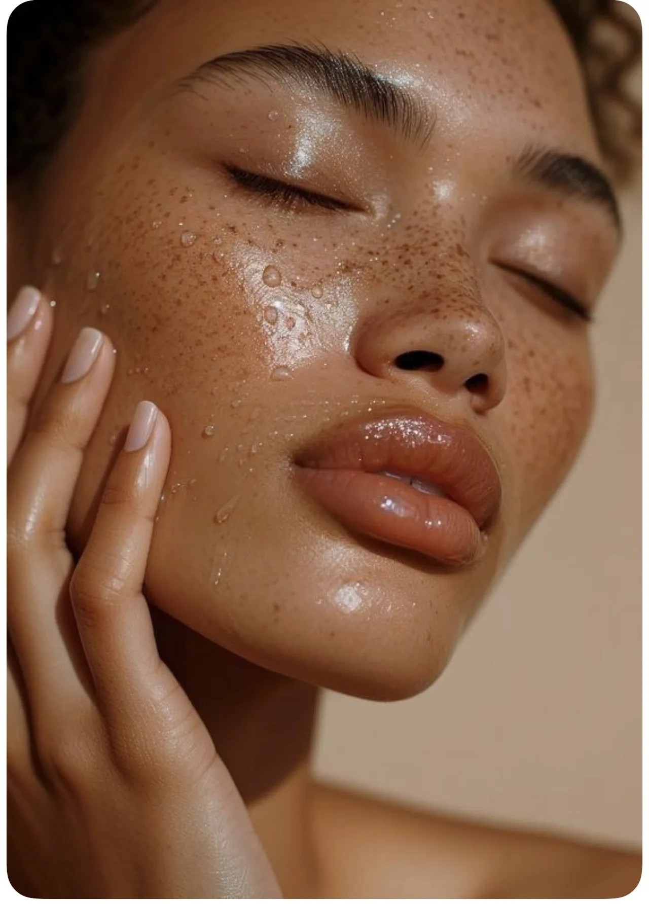 Close-up of dewy, healthy skin with soft natural light