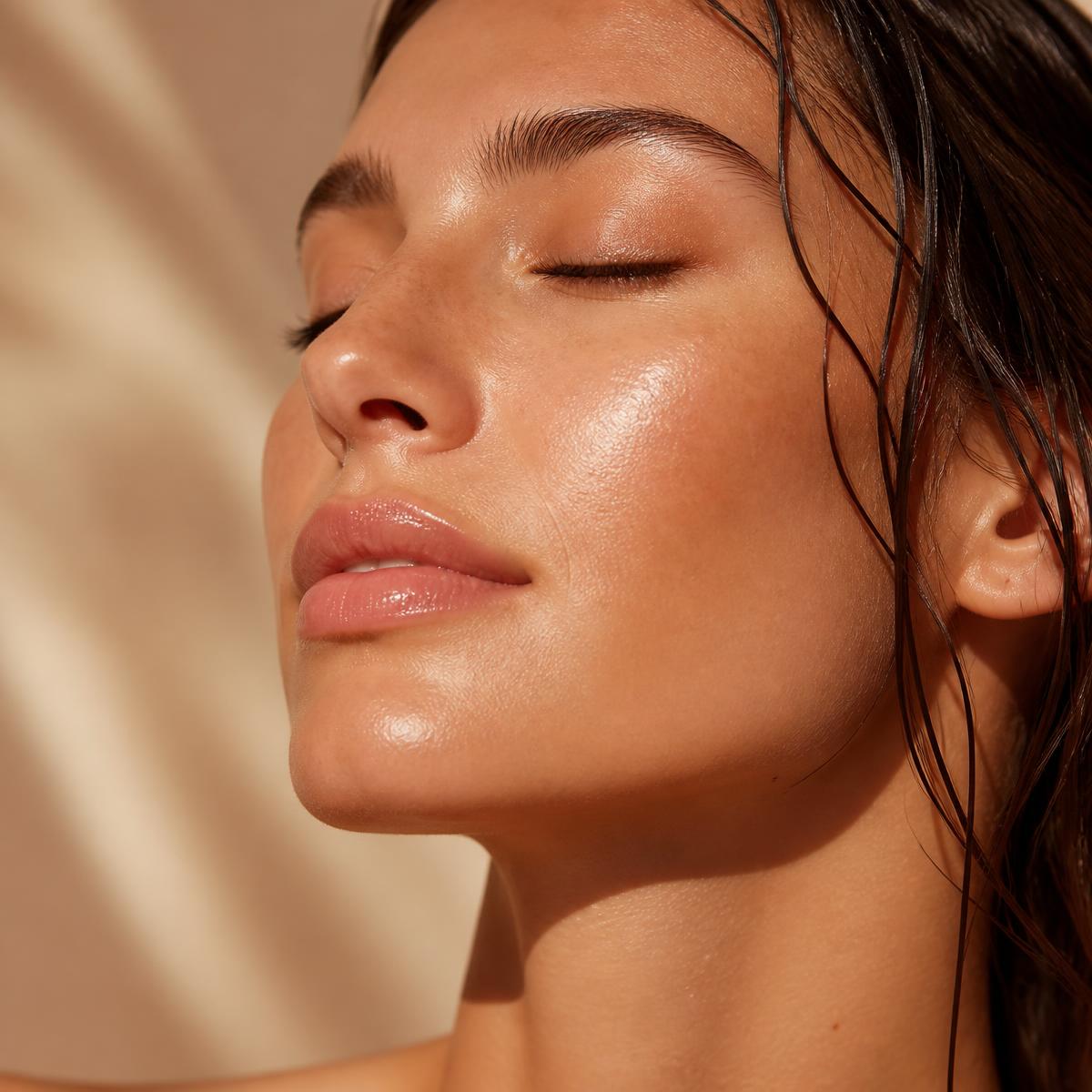 Close-up of calm, healthy facial skin glowing in warm light