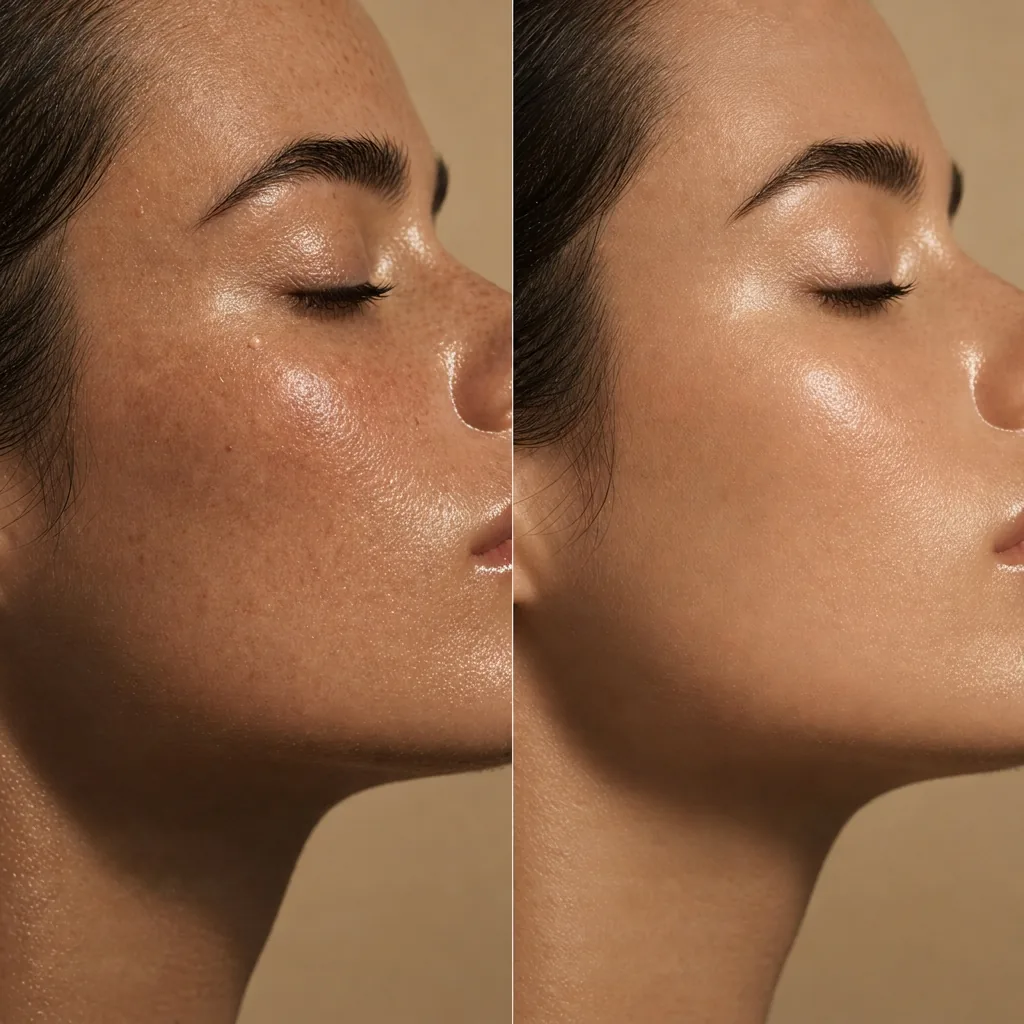 Before and after Laser Genesis facial showing smoother texture, refined pores, and more even tone