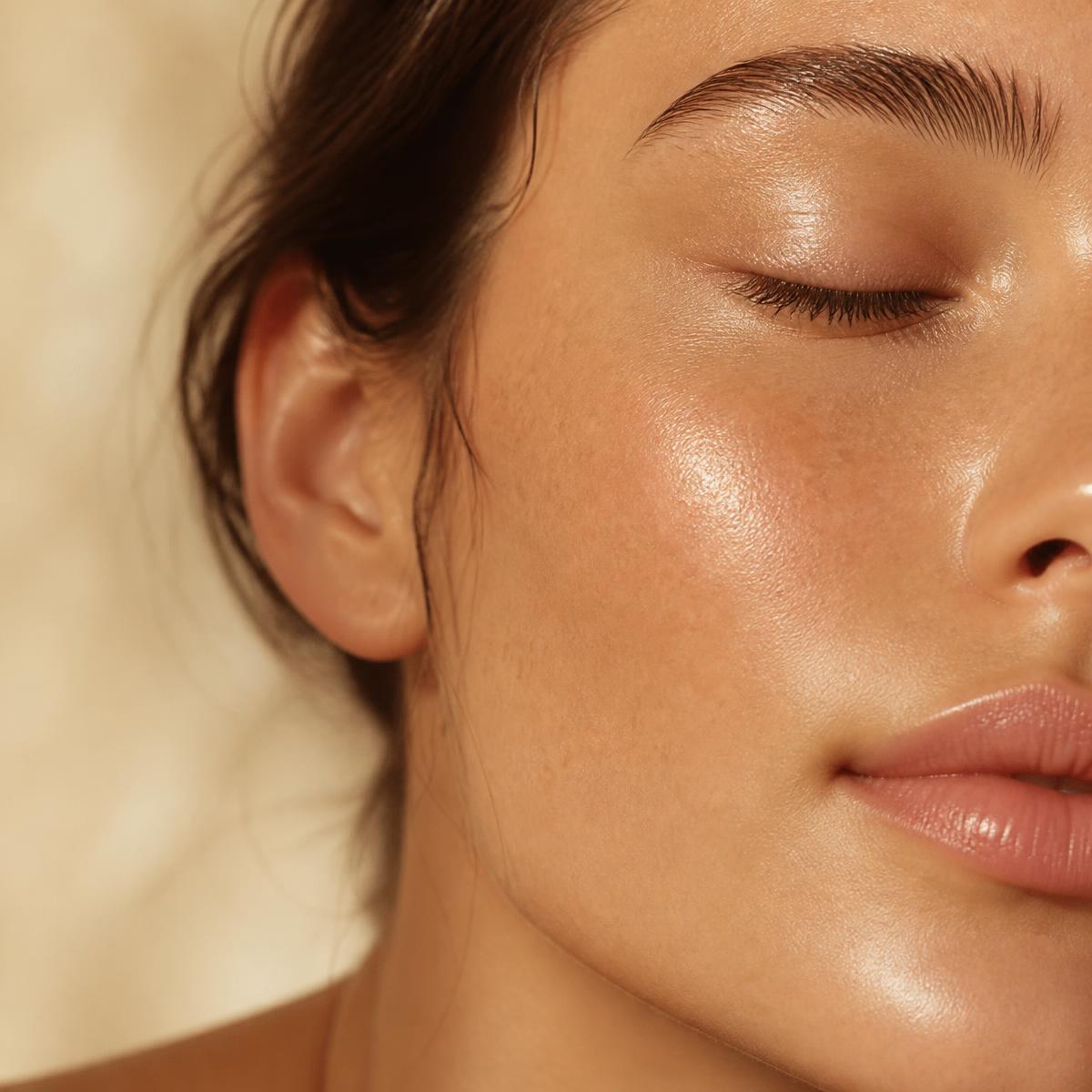 Close-up of relaxed face with dewy glowing skin in warm light