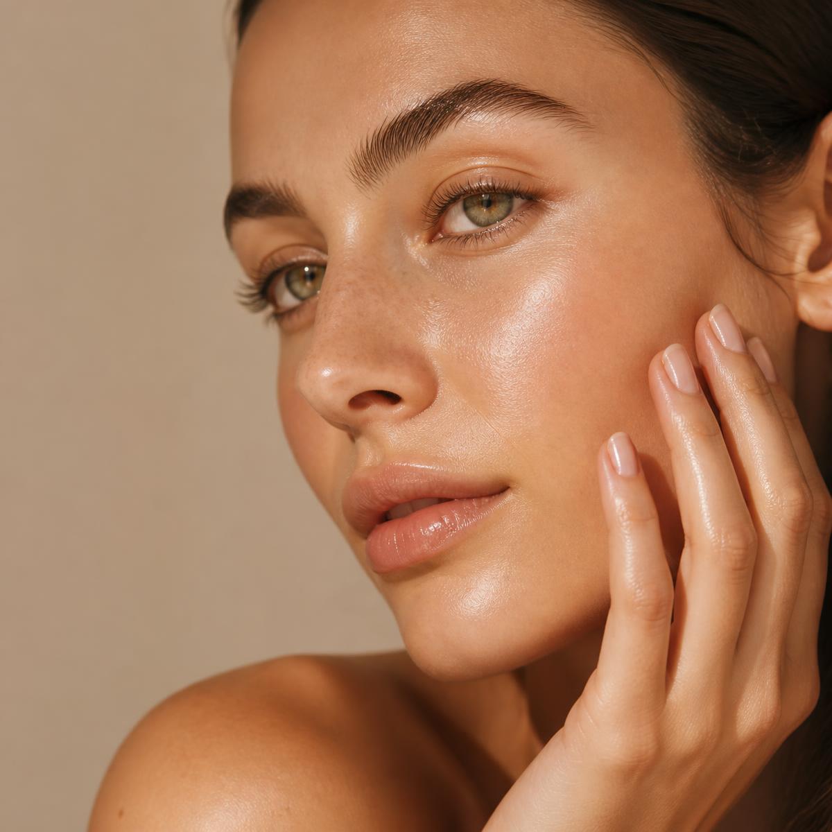 Woman gently touching her dewy glowing cheek in warm light